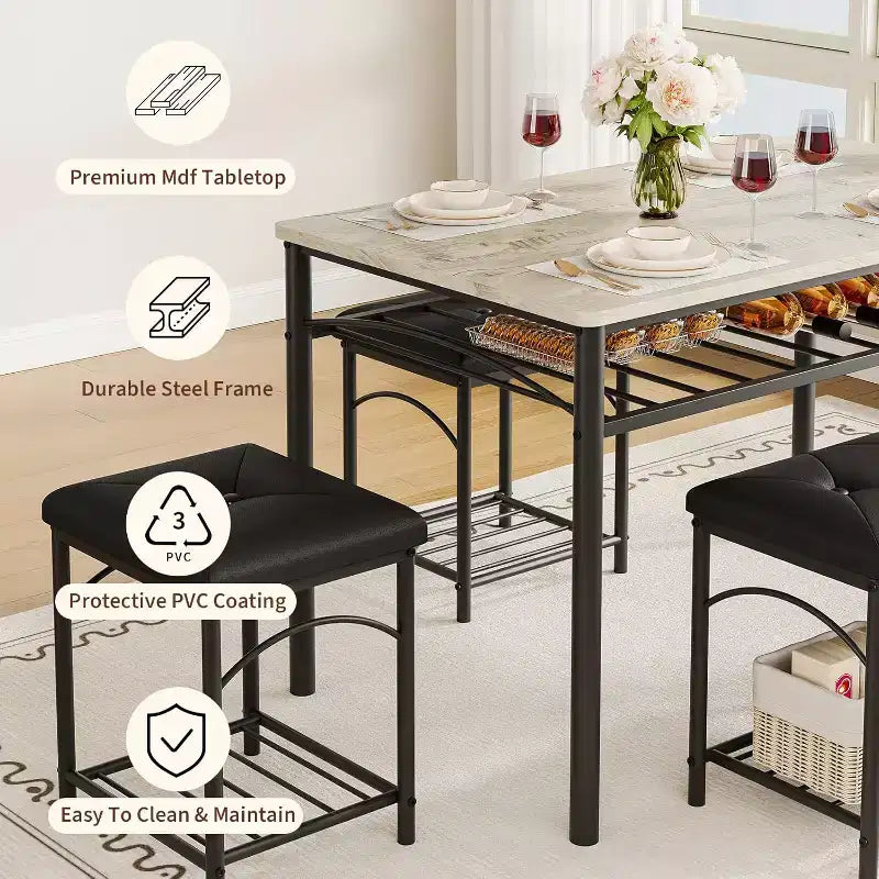 Dining Table Set for 4, Kitchen Table with Upholstered Bench and 2 Stools, with Storage Rack & Metal Frame for Small Space