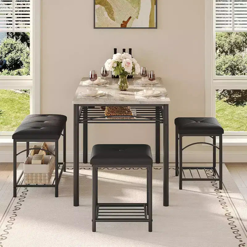 Dining Table Set for 4, Kitchen Table with Upholstered Bench and 2 Stools, with Storage Rack & Metal Frame for Small Space