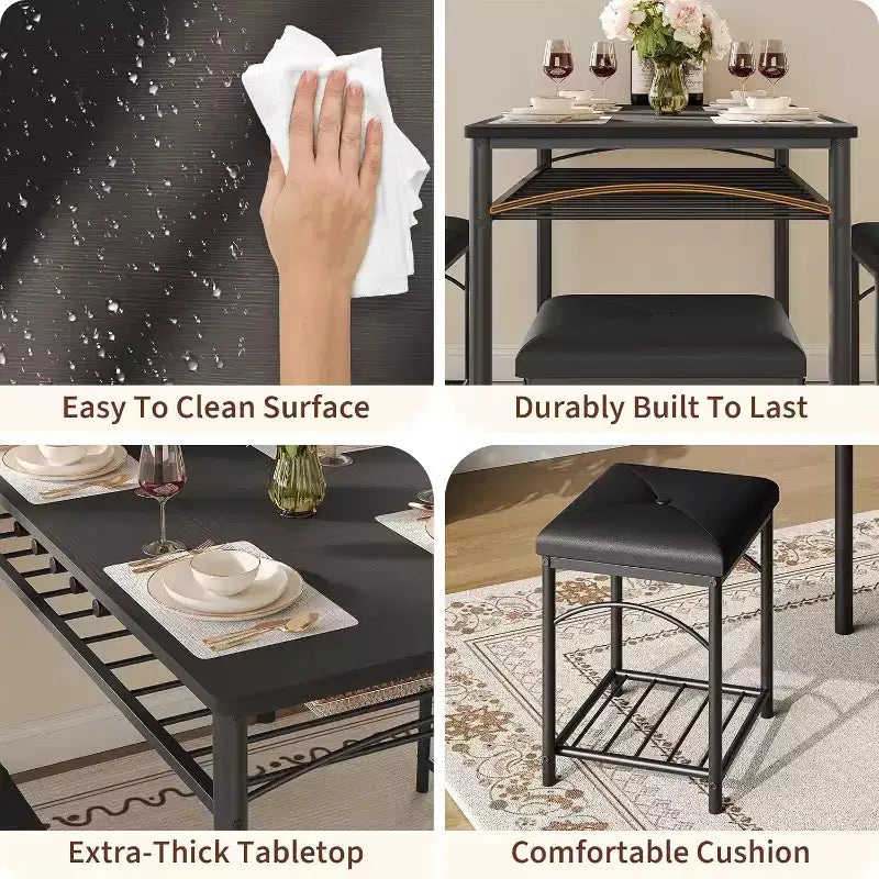 Dining Table Set for 4, Kitchen Table with Upholstered Bench and 2 Stools, with Storage Rack & Metal Frame for Small Space