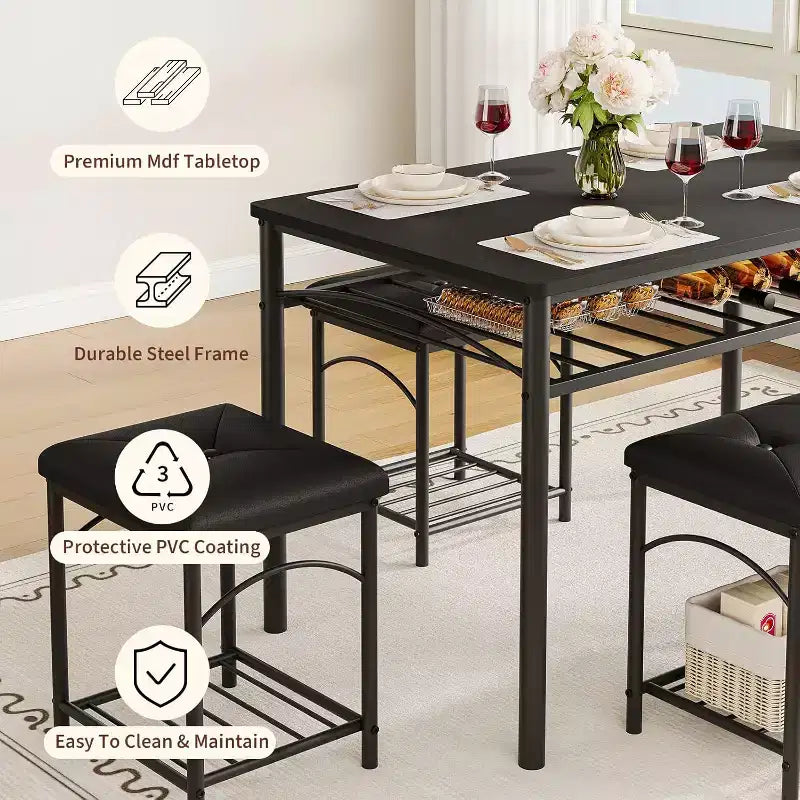Dining Table Set for 4, Kitchen Table with Upholstered Bench and 2 Stools, with Storage Rack & Metal Frame for Small Space