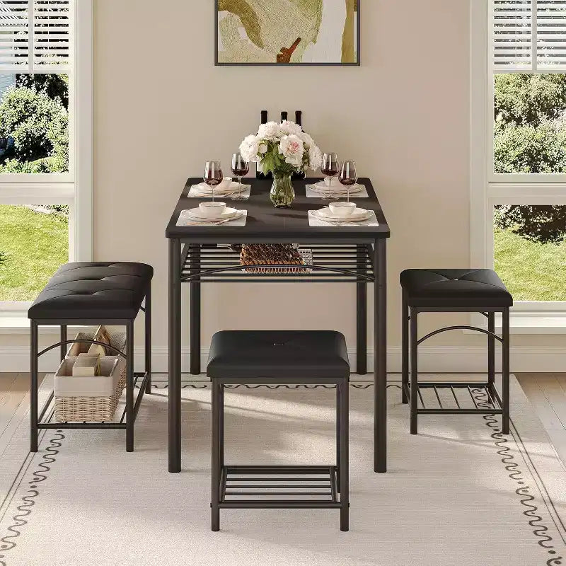 Dining Table Set for 4, Kitchen Table with Upholstered Bench and 2 Stools, with Storage Rack & Metal Frame for Small Space