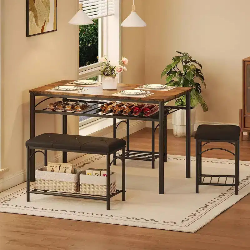 Dining Table Set for 4, Kitchen Table with Upholstered Bench and 2 Stools, with Storage Rack & Metal Frame for Small Space