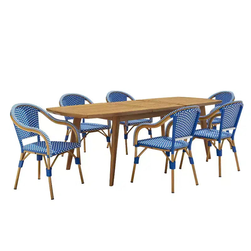Set da pranzo da esterno in rattan PE francese Christopher Knight Home Natacha da 7 pezzi con tavolo da pranzo allungabile in legno di acacia