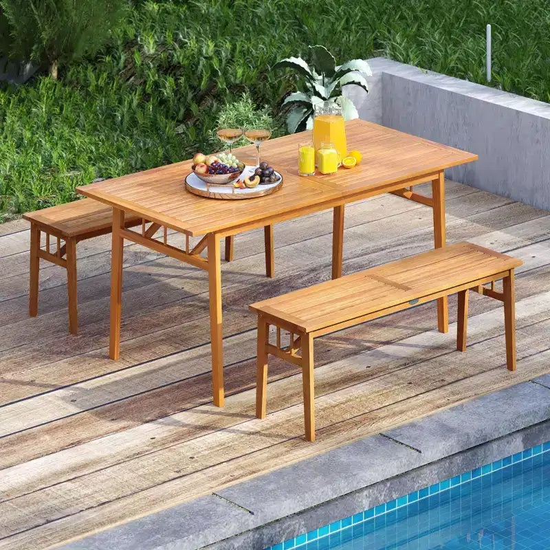 Gymax 3-teiliges Terrassen-Essset, rechteckiger Picknicktisch und 2 Bänke mit 1,97-Zoll-Schirmöffnung