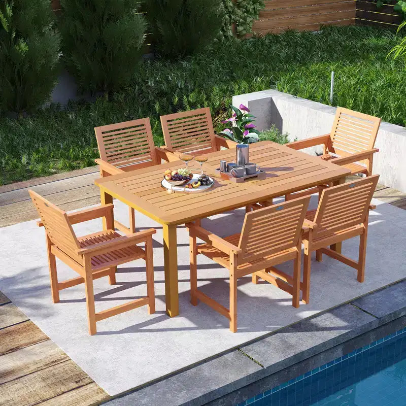 Gymax 7-teiliges Esszimmerset aus Holz für die Terrasse, rechteckiger Tisch für den Außenbereich und 6 Armlehnstühle