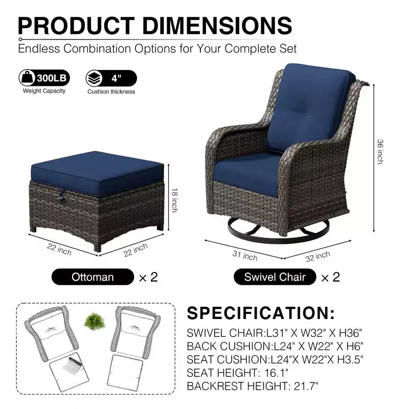 UPTIOT Outdoor Swivel Chairs & Ottomans Set: 2 Rotating Chairs + 2 Multi-Functional Ottomans