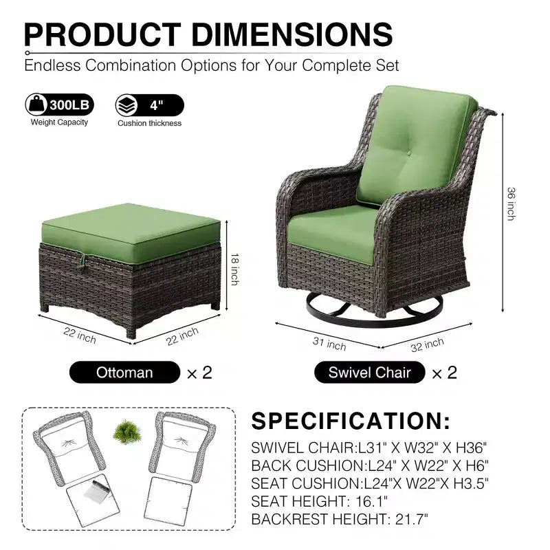 UPTIOT Outdoor Swivel Chairs & Ottomans Set: 2 Rotating Chairs + 2 Multi-Functional Ottomans