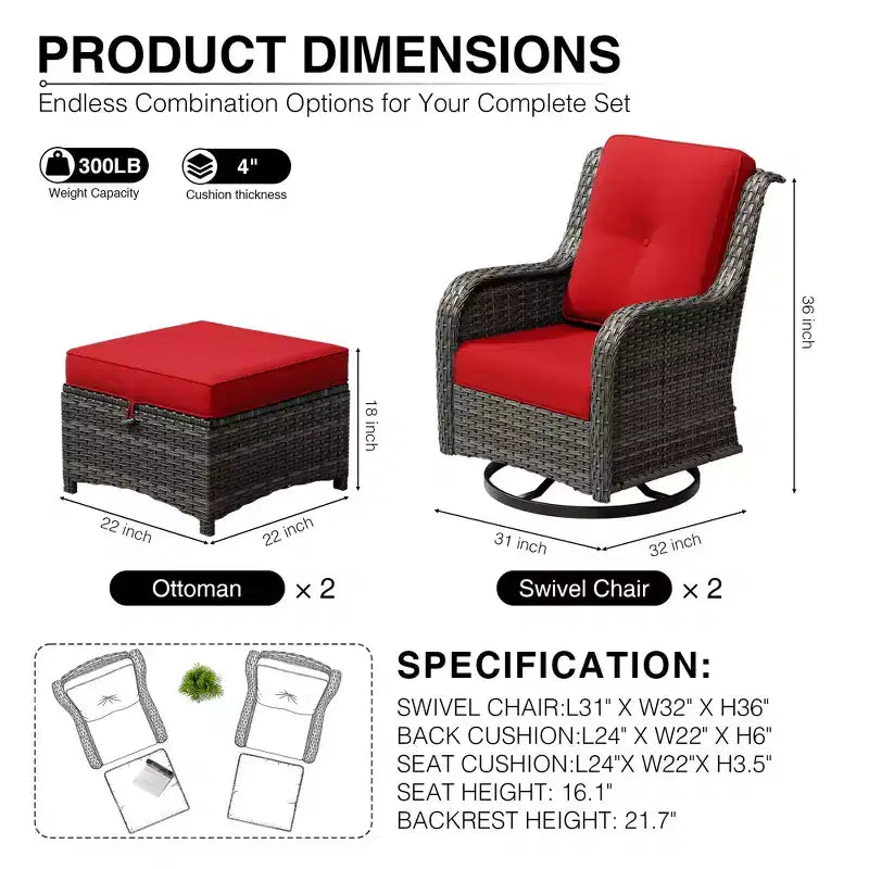 UPTIOT Outdoor Swivel Chairs & Ottomans Set: 2 Rotating Chairs + 2 Multi-Functional Ottomans