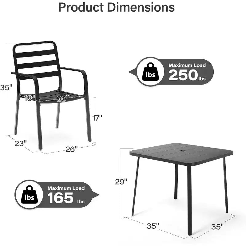 LAUSAINT HOME 5-delige eetset voor buiten voor 4 personen, vierkante zwarte metalen tafel van 35' met parasolgat van 1.5' en 4 stapelbare stoelen