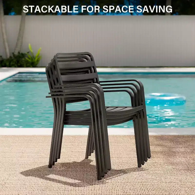 LAUSAINT HOME 5-delige eetset voor buiten voor 4 personen, vierkante zwarte metalen tafel van 35' met parasolgat van 1.5' en 4 stapelbare stoelen