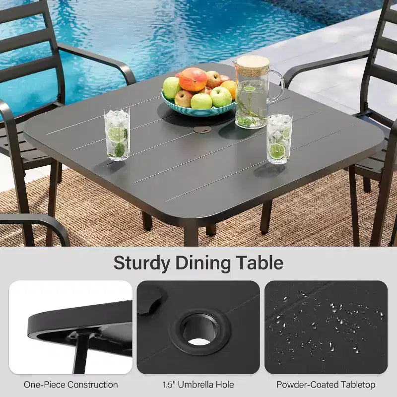 LAUSAINT HOME 5-delige eetset voor buiten voor 4 personen, vierkante zwarte metalen tafel van 35' met parasolgat van 1.5' en 4 stapelbare stoelen