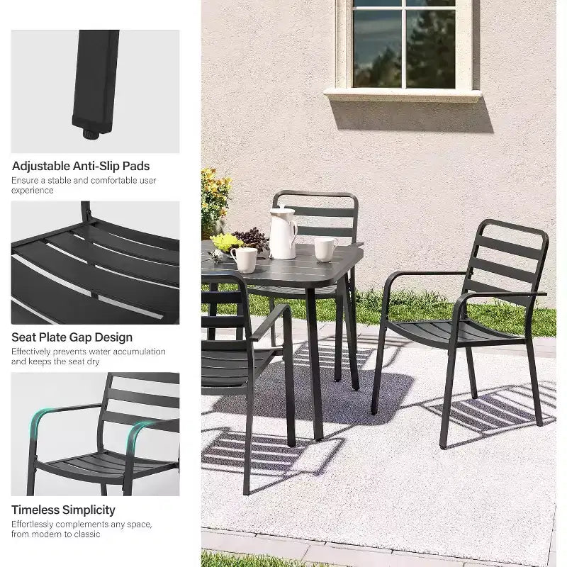 LAUSAINT HOME 5-delige eetset voor buiten voor 4 personen, vierkante zwarte metalen tafel van 35' met parasolgat van 1.5' en 4 stapelbare stoelen