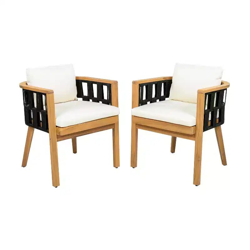 Set da pranzo da patio in legno di acacia ModernLuxe, tavolo da pranzo da esterno e 4 poltrone in corda intrecciata con cuscini color crema, teak+nero