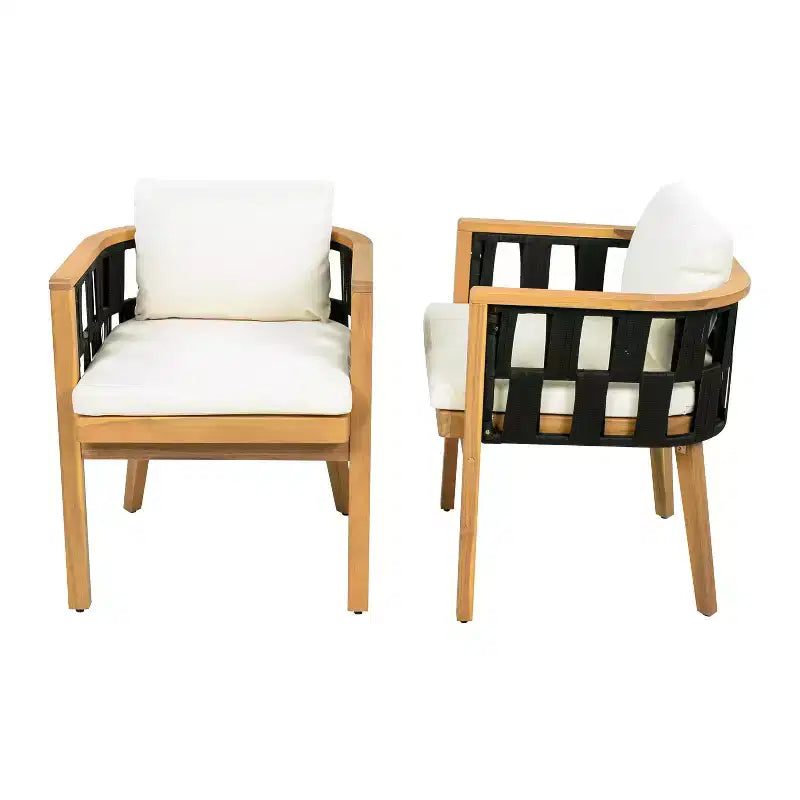 Set da pranzo da patio in legno di acacia ModernLuxe, tavolo da pranzo da esterno e 4 poltrone in corda intrecciata con cuscini color crema, teak+nero