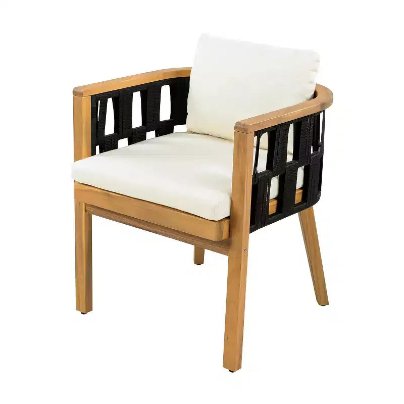 Set da pranzo da patio in legno di acacia ModernLuxe, tavolo da pranzo da esterno e 4 poltrone in corda intrecciata con cuscini color crema, teak+nero