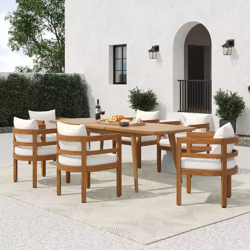 Christopher Knight Home Bennett Patio Rustik 7 Parça Akasya Ahşap Uzatılabilir Yemek Masası ve Sandalye Seti, Minderlerle