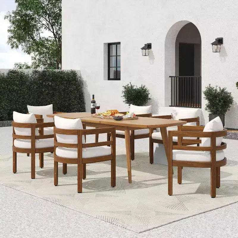 Christopher Knight Home Bennett Patio Rustik 7 Parça Akasya Ahşap Uzatılabilir Yemek Masası ve Sandalye Seti, Minderlerle