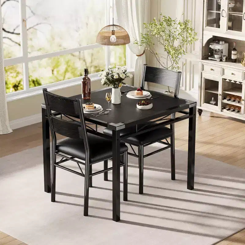 Eetkamertafelset met beklede stoelen, compacte ruimtebesparende keukenmeubelen met hoekbeschermers voor appartement of woning, zwart, 2+1