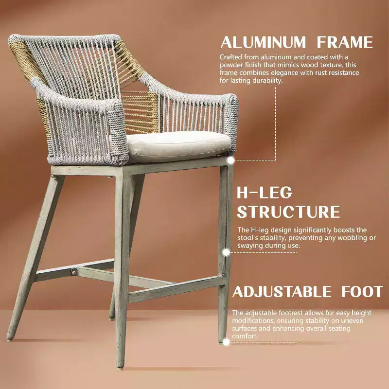 GDFStudio Viviane Farmhouse Patio — 3-częściowy barowy zestaw mebli na patio z szafką z aluminium i wikliny oraz hokerami o wysokości blatu