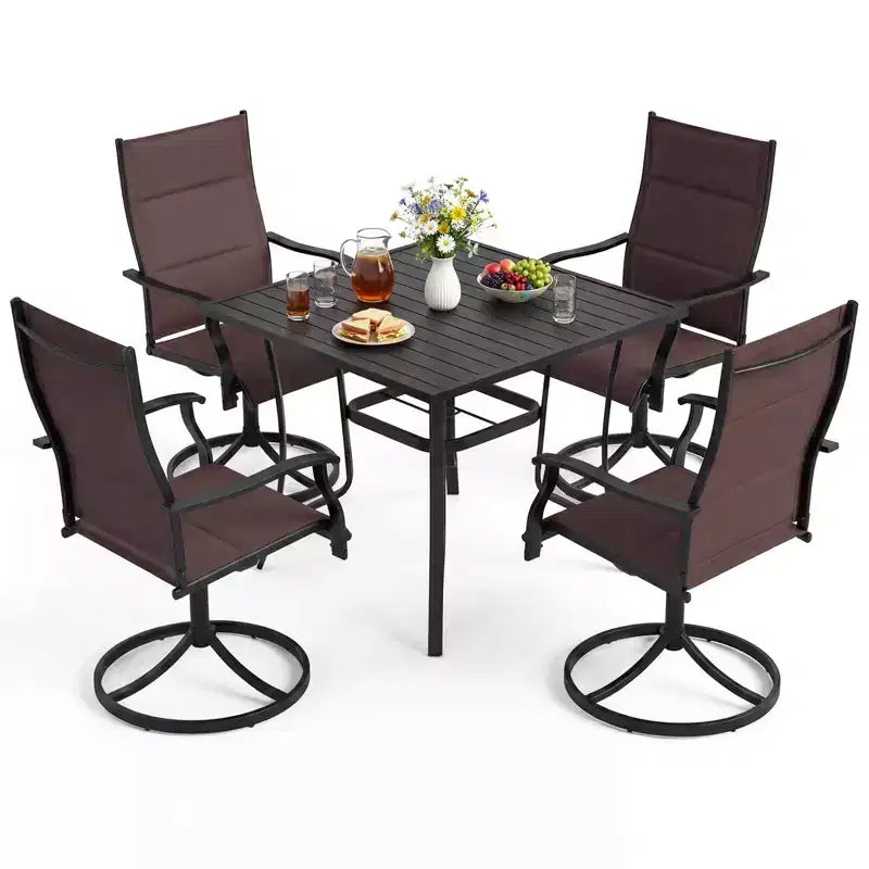 Costway 5-teiliges Outdoor-Ess-Set mit 4 drehbaren Stühlen und quadratischem Terrassentisch mit Sonnenschirmöffnung, Schwarz + Braun/Schwarz