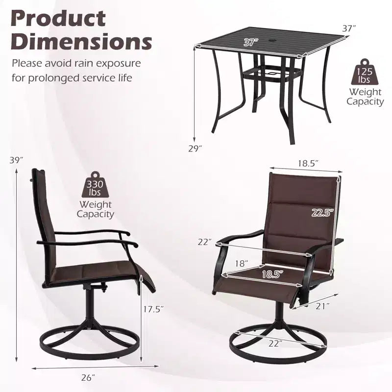Costway 5-teiliges Outdoor-Ess-Set mit 4 drehbaren Stühlen und quadratischem Terrassentisch mit Sonnenschirmöffnung, Schwarz + Braun/Schwarz