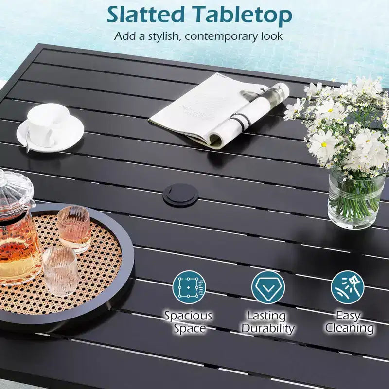Costway 5-teiliges Outdoor-Ess-Set mit 4 drehbaren Stühlen und quadratischem Terrassentisch mit Sonnenschirmöffnung, Schwarz + Braun/Schwarz
