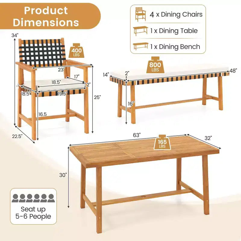 Costway conjunto de comedor para patio de 7 piezas, mesa de madera de acacia y 6 sillones con cojines acolchados para el asiento