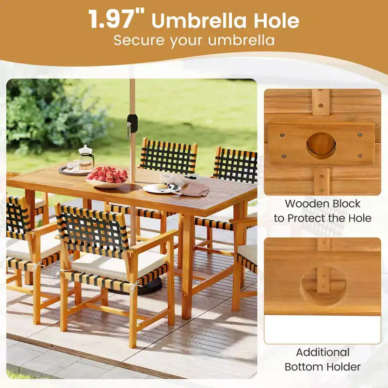 Costway conjunto de comedor para patio de 7 piezas, mesa de madera de acacia y 6 sillones con cojines acolchados para el asiento