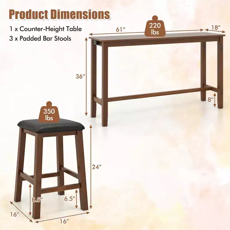 Costway 4-Piece Bar Table Set w/ Power Outlet Counter-Height Table & 3 Bar Stools