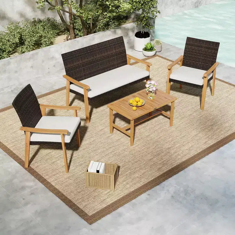 Costway 4 PCS Patio Furniture Set with Acacia Wood Coffee Table & Soft Cushions for Garden