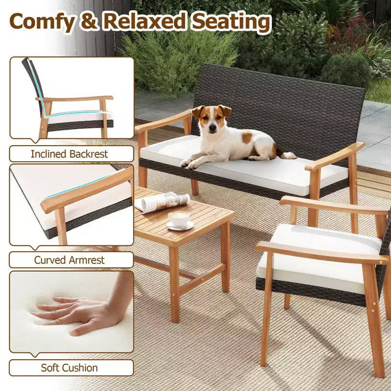 Costway 4 PCS Patio Furniture Set with Acacia Wood Coffee Table & Soft Cushions for Garden