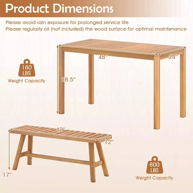 Costway conjunto de comedor para patio de 3 piezas de madera de acacia, con asientos con listones para terraza, césped y patio trasero