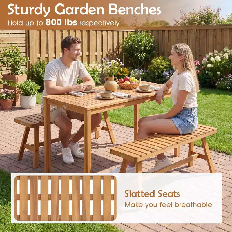Costway conjunto de comedor para patio de 3 piezas de madera de acacia, con asientos con listones para terraza, césped y patio trasero