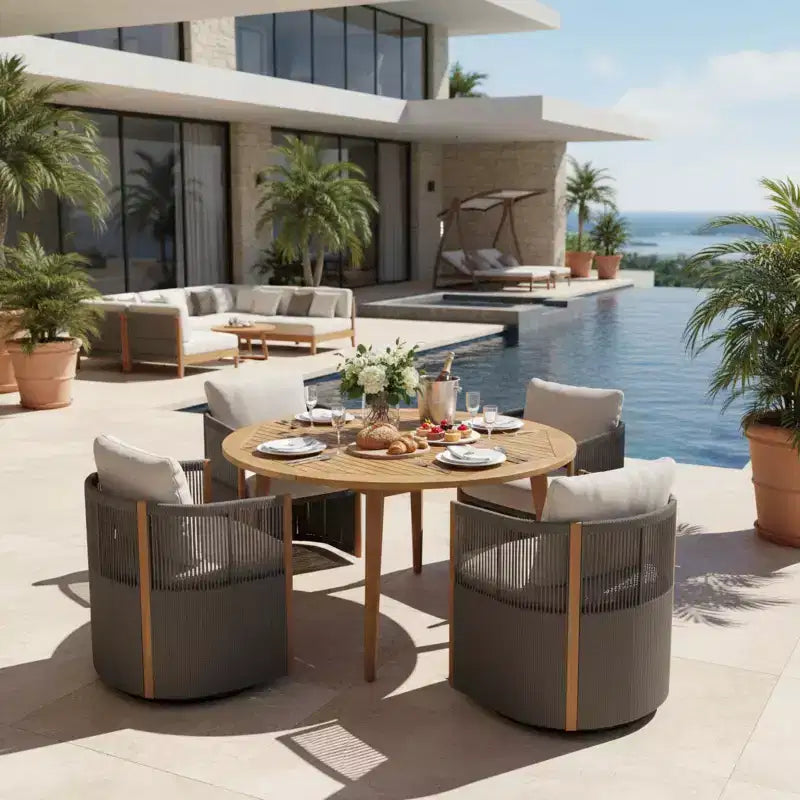 Set da pranzo da patio Christopher Knight Home Oliver da 5 pezzi per esterni, in legno di acacia e corda, con sedie girevoli, cuscini, tavolo e 4 sedie