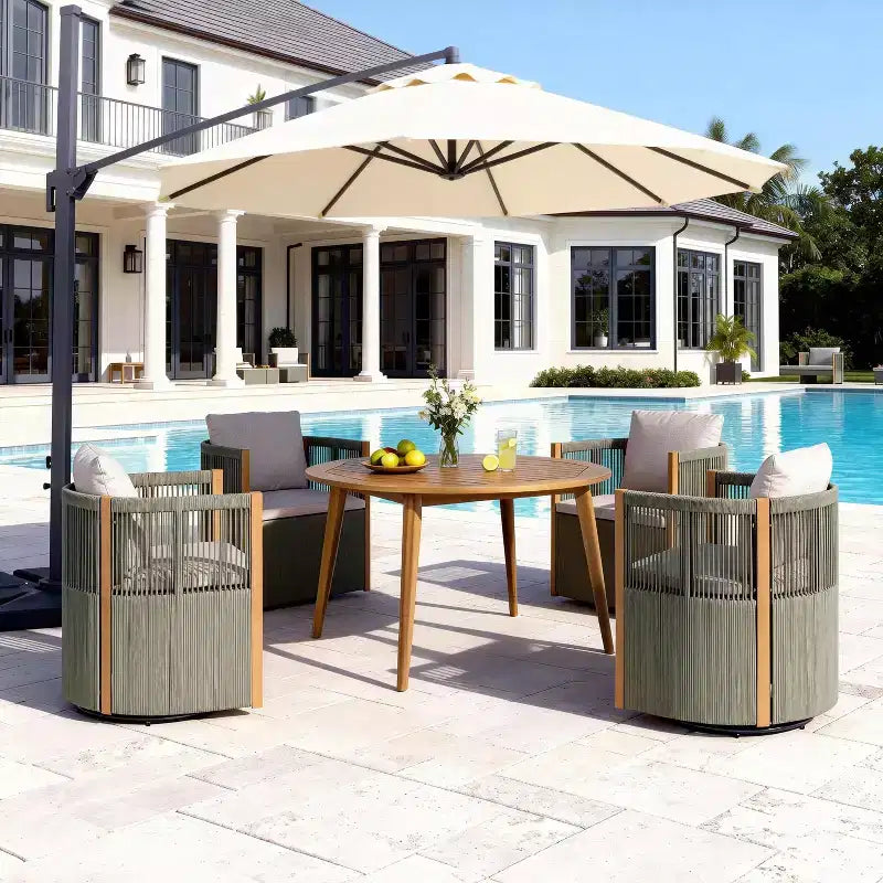 Set da pranzo da patio Christopher Knight Home Oliver da 5 pezzi per esterni, in legno di acacia e corda, con sedie girevoli, cuscini, tavolo e 4 sedie