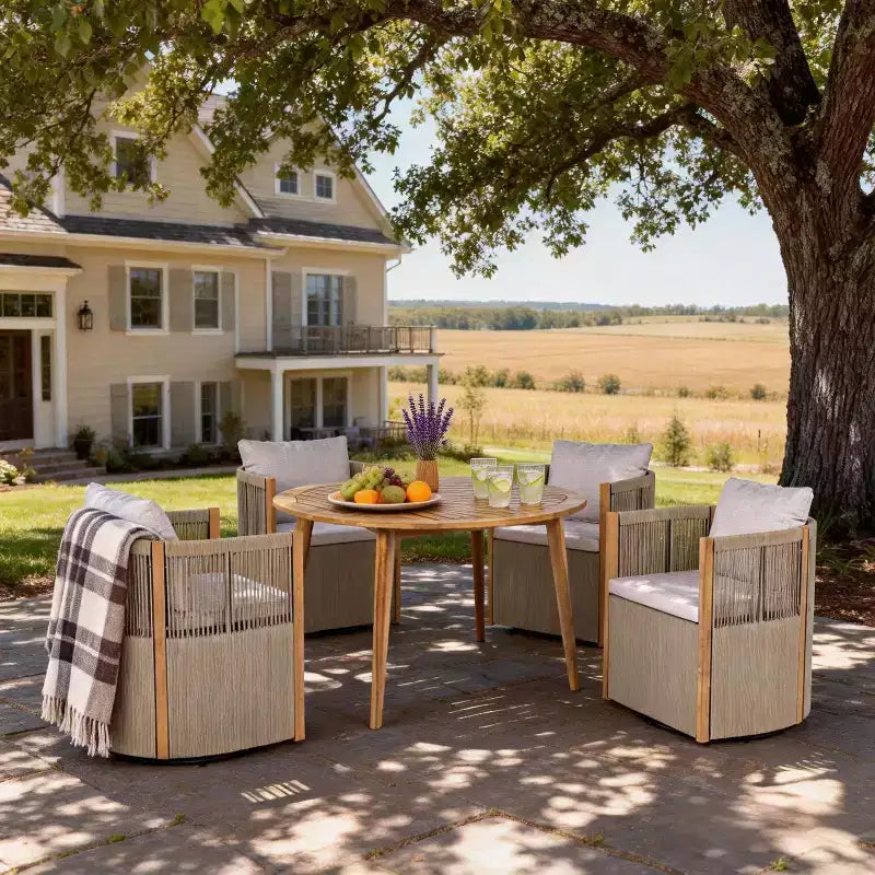Set da pranzo da patio Christopher Knight Home Oliver da 5 pezzi per esterni, in legno di acacia e corda, con sedie girevoli, cuscini, tavolo e 4 sedie
