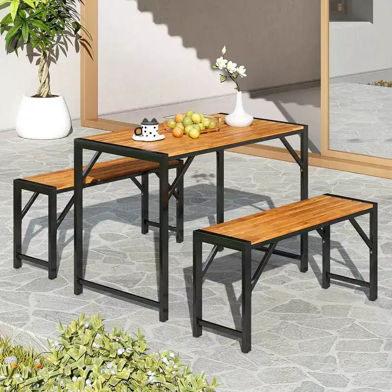 Costway 3-delige eettafelset voor 4 personen voor buiten, picknicktafel en 2 banken met metalen frame