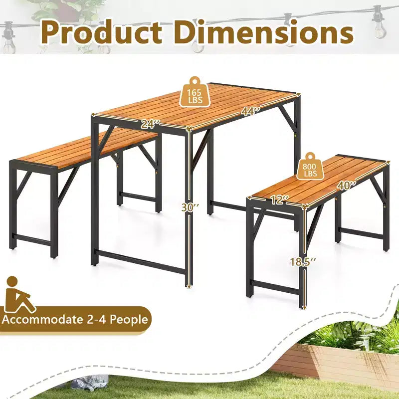 Costway 3-delige eettafelset voor 4 personen voor buiten, picknicktafel en 2 banken met metalen frame