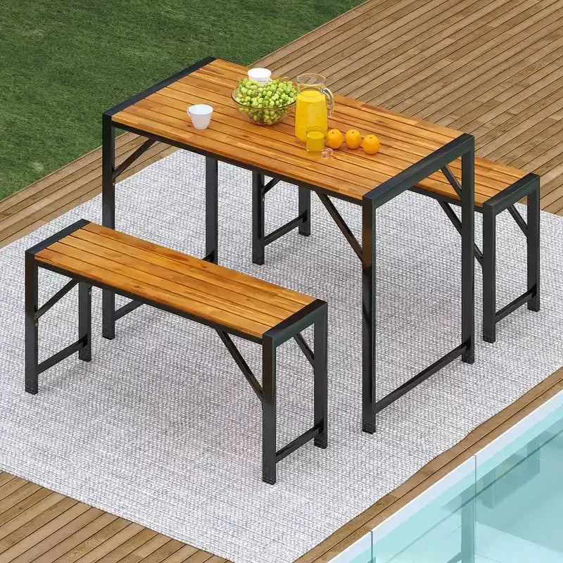Costway 3-delige eettafelset voor 4 personen voor buiten, picknicktafel en 2 banken met metalen frame