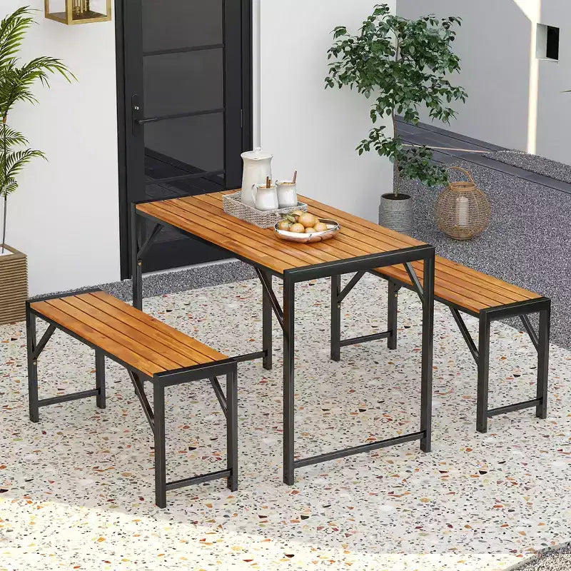 Costway 3-delige eettafelset voor 4 personen voor buiten, picknicktafel en 2 banken met metalen frame
