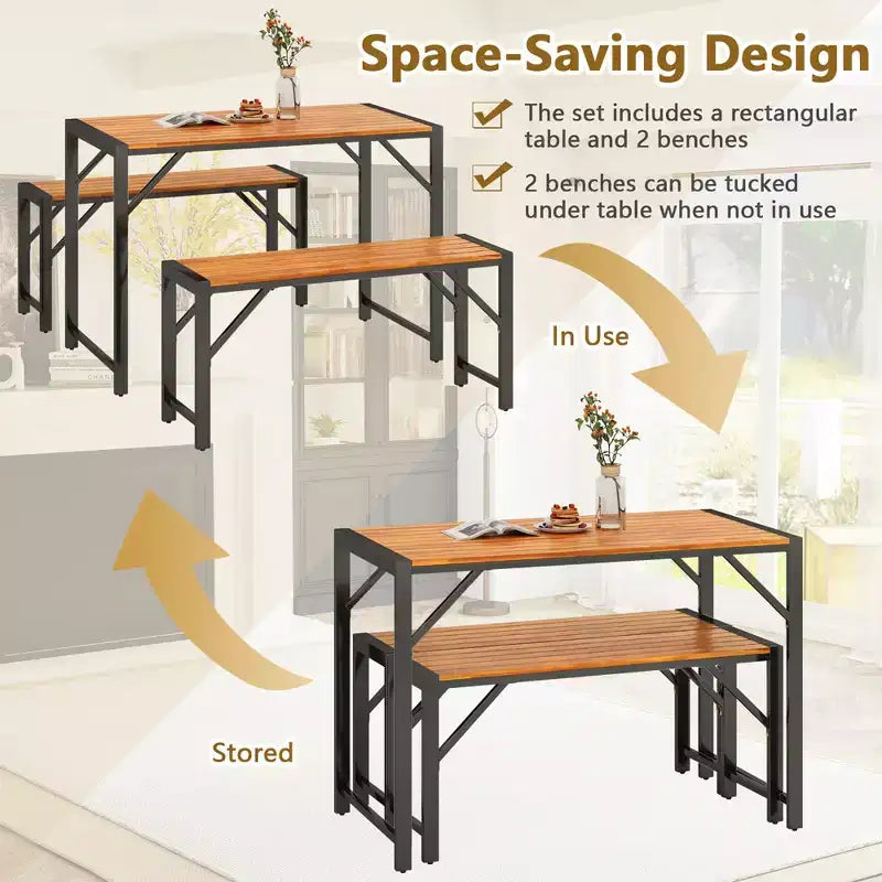 Costway 3-delige eettafelset voor 4 personen voor buiten, picknicktafel en 2 banken met metalen frame