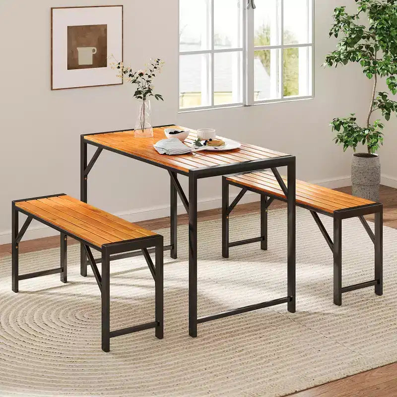 Costway 3-delige eettafelset voor 4 personen voor buiten, picknicktafel en 2 banken met metalen frame