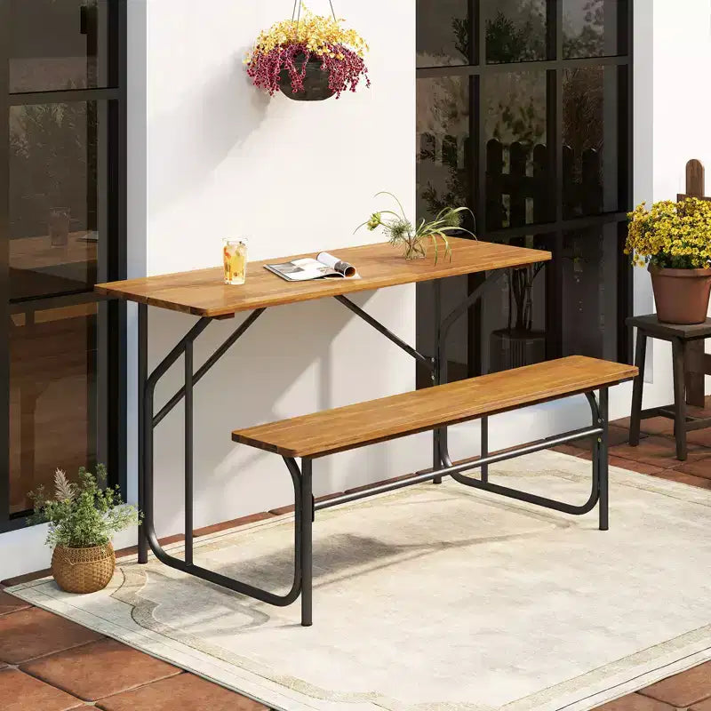 Costway Terrassentisch- und Bankset für 2 Personen, Picknicktisch und Loveseat mit Akazienholzplatte und Metallbeinen