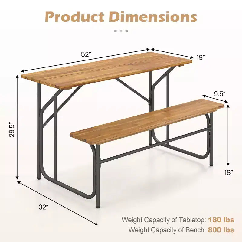 Costway Terrassentisch- und Bankset für 2 Personen, Picknicktisch und Loveseat mit Akazienholzplatte und Metallbeinen