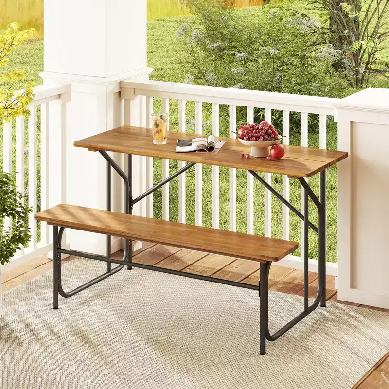 Costway Terrassentisch- und Bankset für 2 Personen, Picknicktisch und Loveseat mit Akazienholzplatte und Metallbeinen