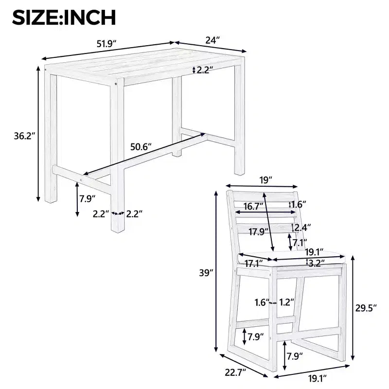 Set da bar rustico per patio Whisen, 5 pezzi, set con tavolo e sedie da patio, sedie ergonomiche e piano del tavolo a doghe