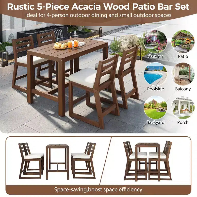 Set da bar rustico per patio Whisen, 5 pezzi, set con tavolo e sedie da patio, sedie ergonomiche e piano del tavolo a doghe