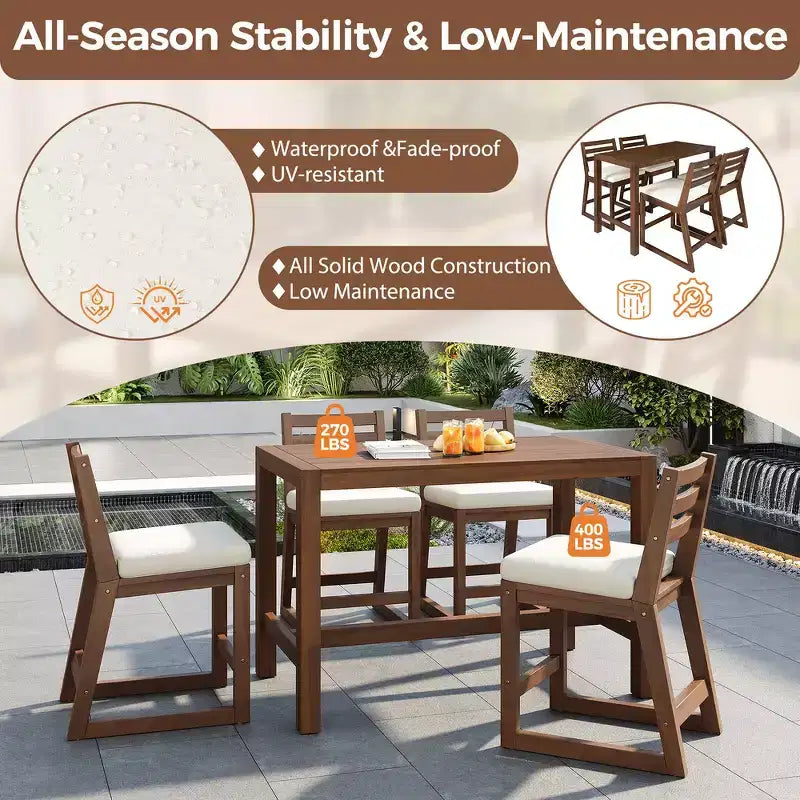Set da bar rustico per patio Whisen, 5 pezzi, set con tavolo e sedie da patio, sedie ergonomiche e piano del tavolo a doghe