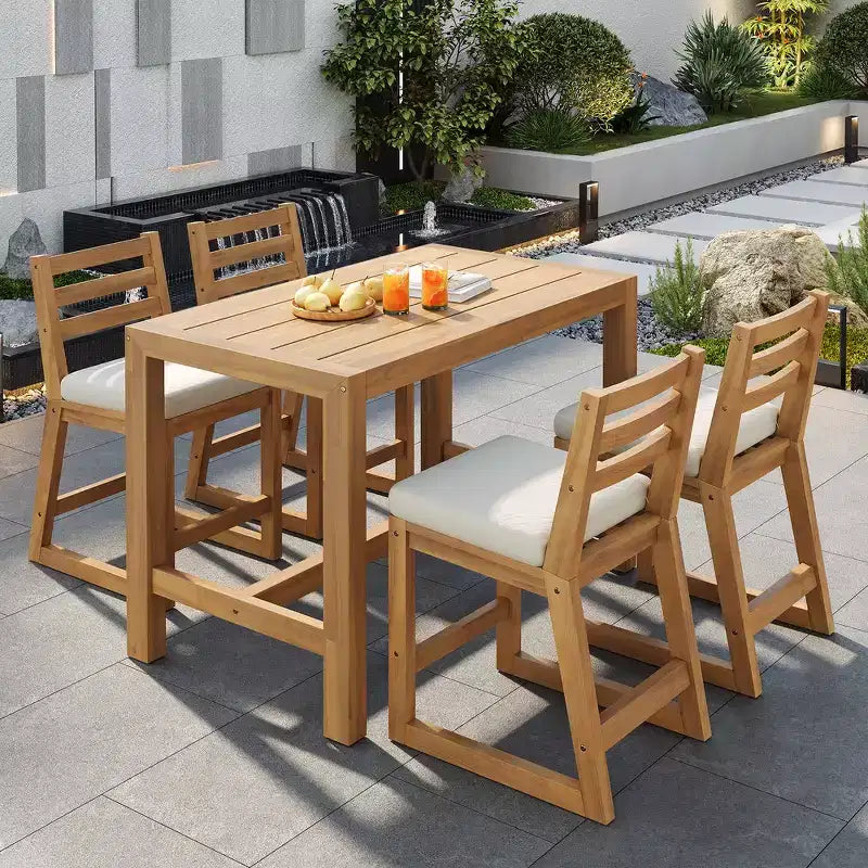 Set da bar rustico per patio Whisen, 5 pezzi, set con tavolo e sedie da patio, sedie ergonomiche e piano del tavolo a doghe