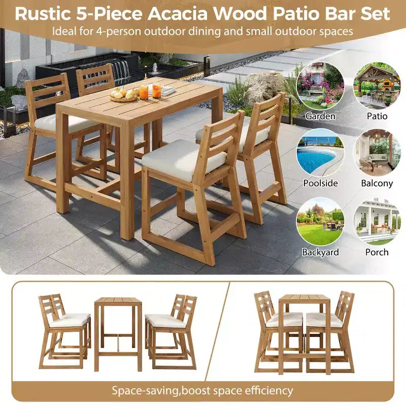 Set da bar rustico per patio Whisen, 5 pezzi, set con tavolo e sedie da patio, sedie ergonomiche e piano del tavolo a doghe